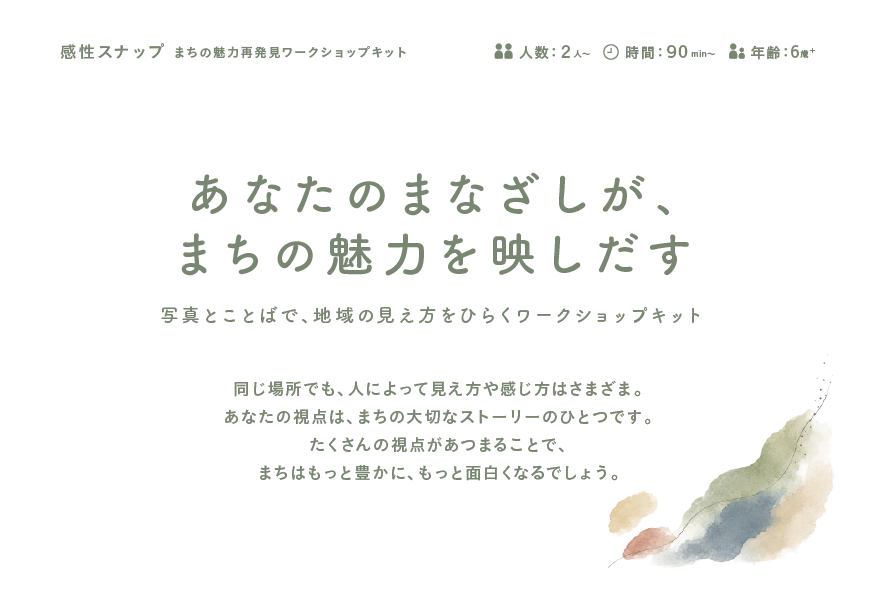 導入カード表面。「あなたのまなざしが、まちの魅力を映しだす」。白い紙面にセージグリーンの文字と淡い水彩。